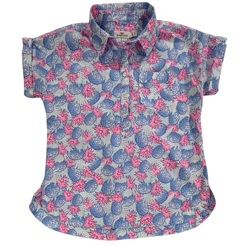 Vineyard Vines Womens Pineapple Print Short Sleeve Shirt Blue Pink Size 6 W522